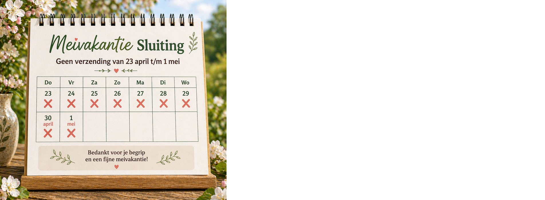 meivakantie tussen 23 april en 2 mei geen verzending van bestellingen